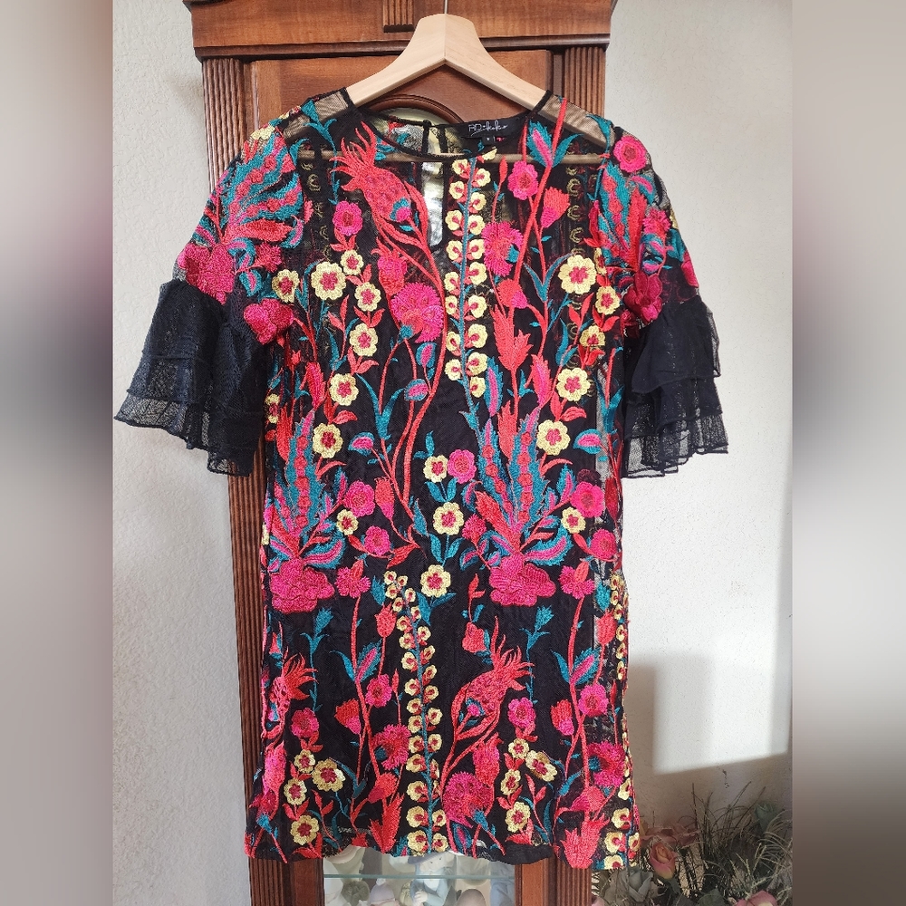 RD Koko Dress Black Pink Pattern Mesh Sleeve Small
